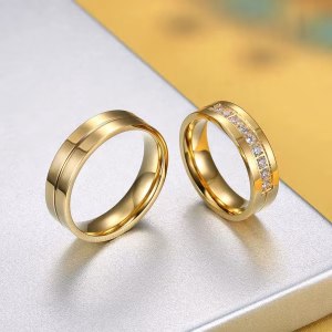 Trendy Gold Stainless Steel Couple Rings – CZ Wedding Bands